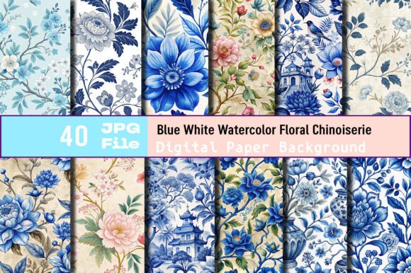 Download Blue White Watercolor Floral Chinoiserie - White Collection
