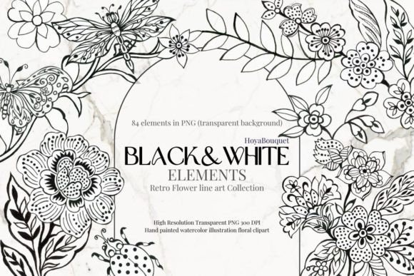 Download Black &amp; White Retro Line Art Elements - White Collection